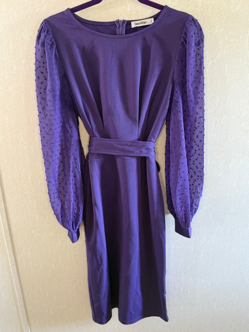 Jasambac Purple Swiss Dot Balloon Sleeve Tie Waist Midi Dress Size Small
